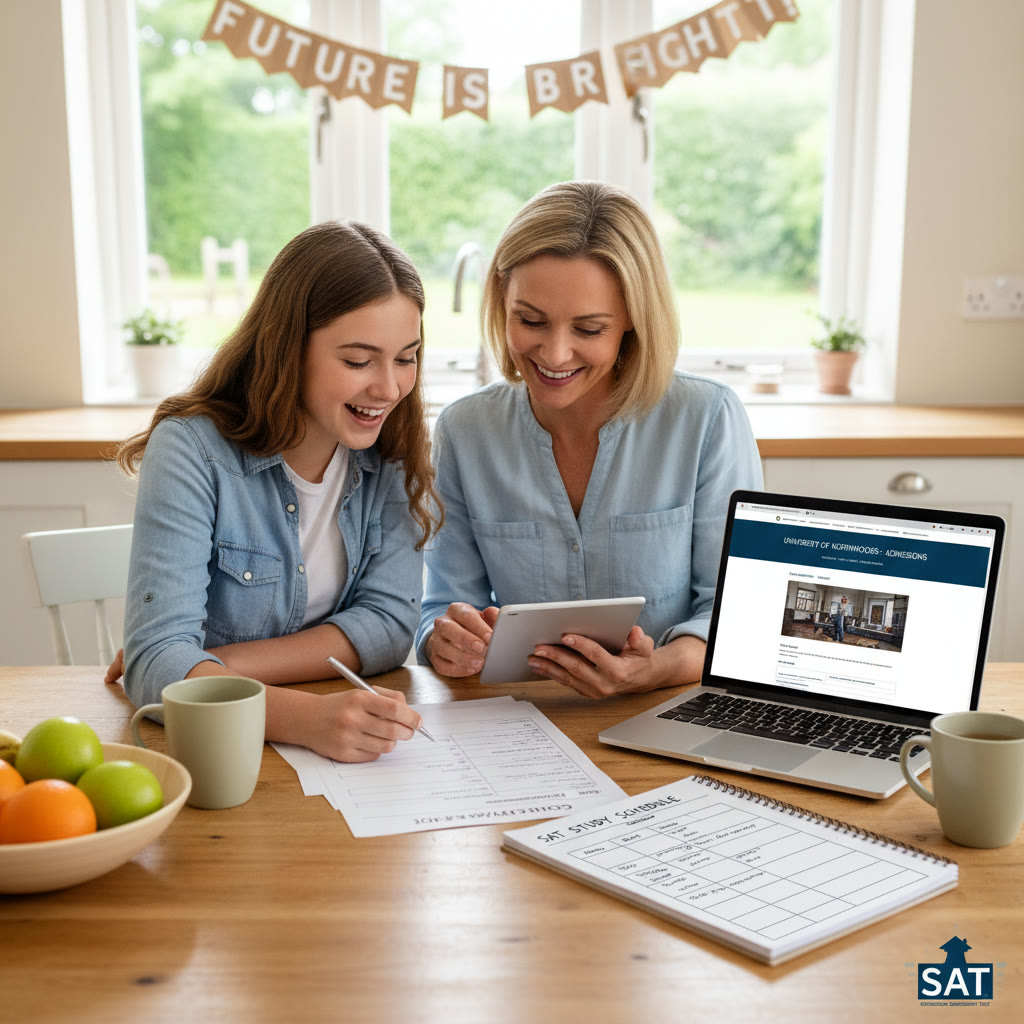 Photo Idea : A parent and student reviewing a college application checklist together at a kitchen table, with a laptop showing a university admissions page and a printed study schedule nearby.