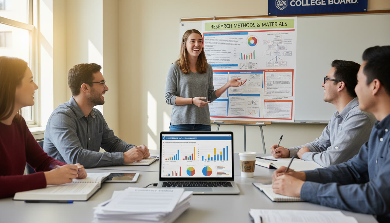 Photo Idea : A student presenting research findings to classmates with a clear poster showing methods, a consent form on the table, and a laptop displaying anonymized charts. Energetic, academic presentation vibe.