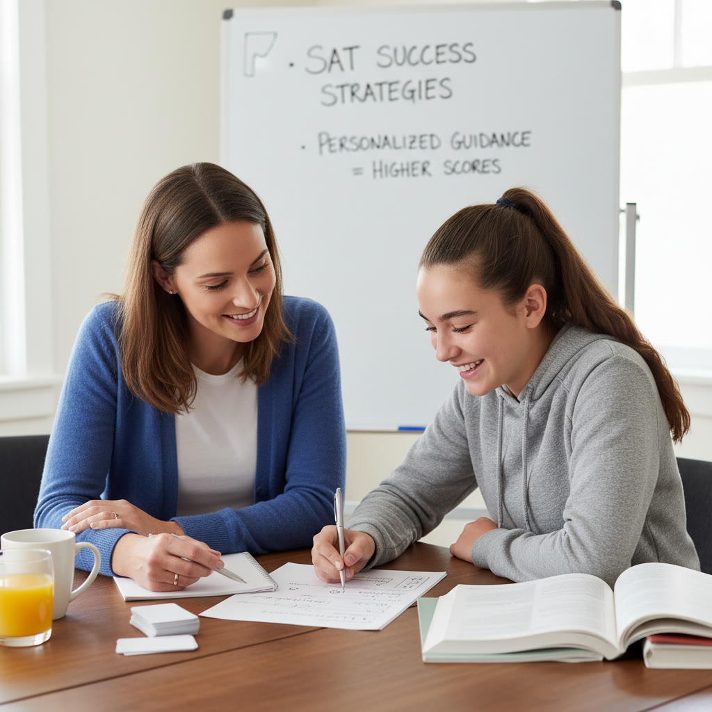 Suggested image: A one-on-one tutoring session scene where a tutor is pointing at a practice problem on paper while a student smiles, showing engagement and clarity—highlighting the benefit of personalized guidance.