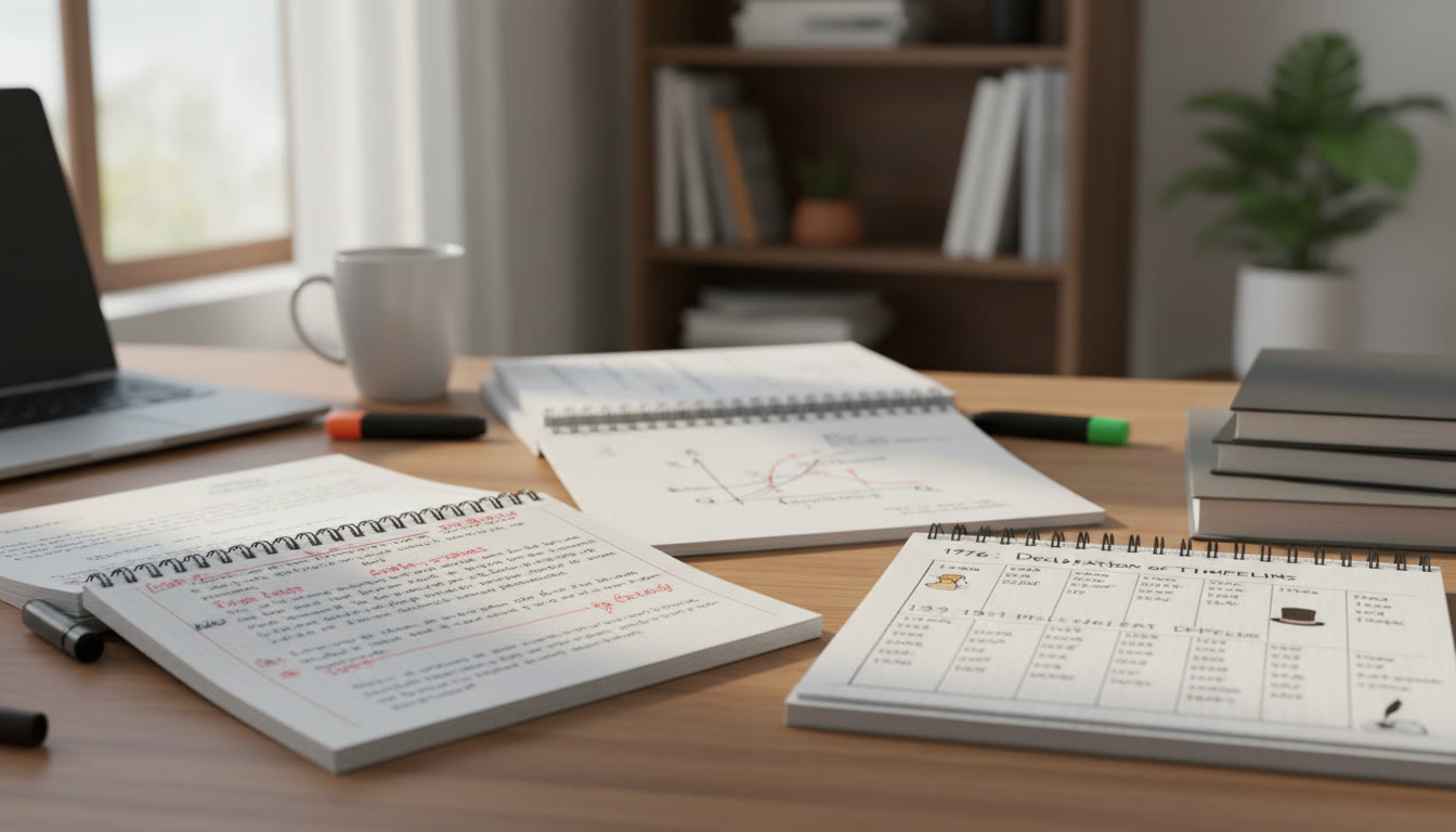 Photo Idea : A student desk mid-session with open notebooks: one showing an annotated rhetorical passage, another with a sketched economics graph, and a third with history timeline notes—soft natural light conveys focused energy.