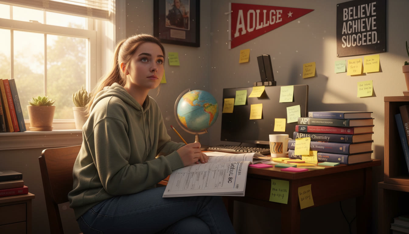 Photo Idea : A high school student sitting at a small desk in a sunlit study corner, surrounded by AP textbooks and sticky notes, pausing with a pencil over a practice test—face thoughtful but determined.