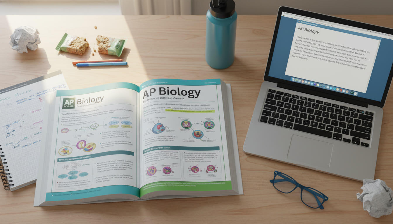 Photo Idea : A top-down shot of a study desk with an open AP Biology textbook, handwritten notes, and a laptop showing a practice FRQ; warm light, relatable student scene.
