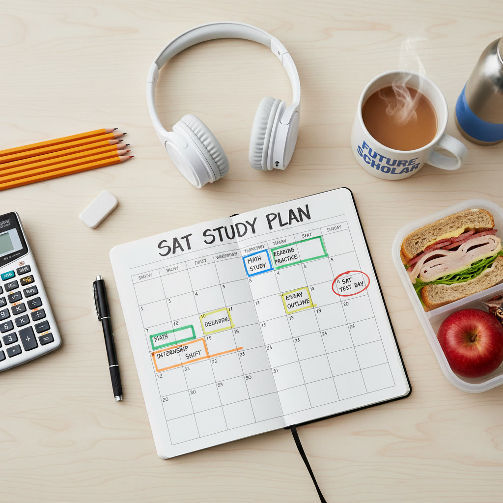 Photo idea: A flat lay of a study kit—pencils, calculator, headphones, a packed lunch, and a calendar with a study schedule and internship shifts marked—showing planning and preparedness.