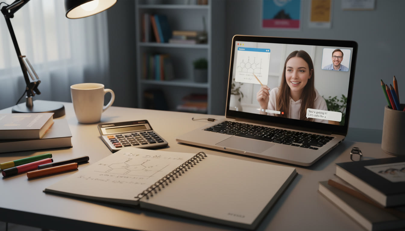 Photo Idea : A study desk scene with an open notebook showing a sketched ICE table, calculator, and a laptop displaying a virtual tutoring session. This image should feel motivating and realistic — show a student mid‑problem with neat handwriting, suggesting active study and the benefit of one‑on‑one help.