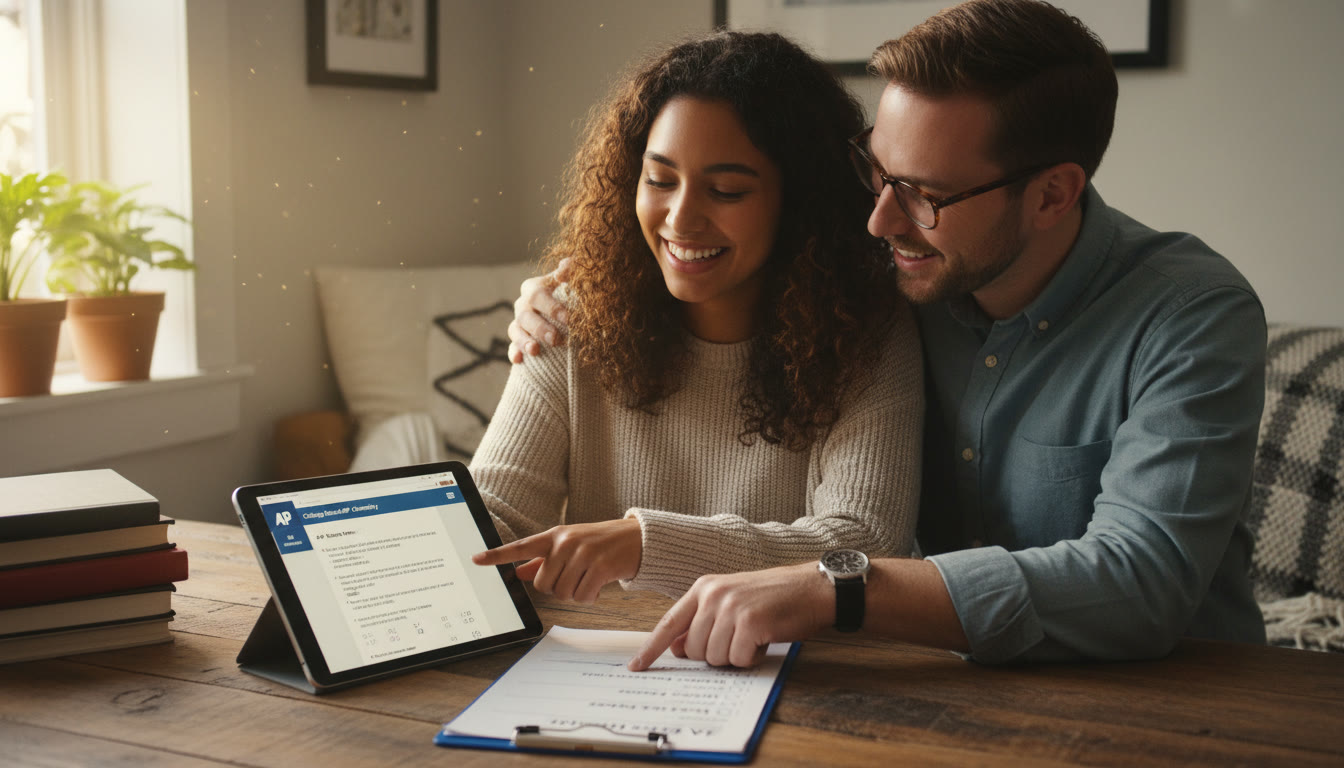 Photo Idea : A student and a tutor reviewing an exam checklist together, tablet open showing a practice interface — warm study nook, natural interaction highlighting personalized guidance