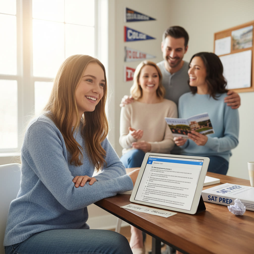 Photo Idea : A relaxed student at a desk, digital tablet open with practice SAT questions on screen, family nearby discussing college plans — warm, hopeful lighting.