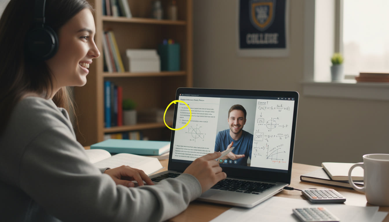 Photo Idea : A student working with a tutor over video call; the screen shows a highlighted practice question and a shared whiteboard with diagrams. The scene conveys collaborative 1-on-1 guidance and the focused energy of personalized tutoring.
