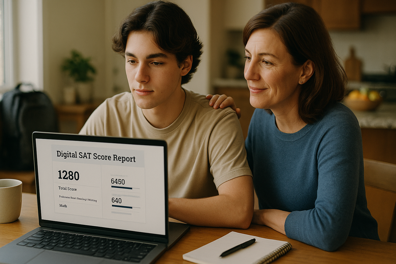 Photo Idea : A student calmly reviewing an official digital SAT score report on a laptop at a kitchen table, with a parent nearby offering quiet support.