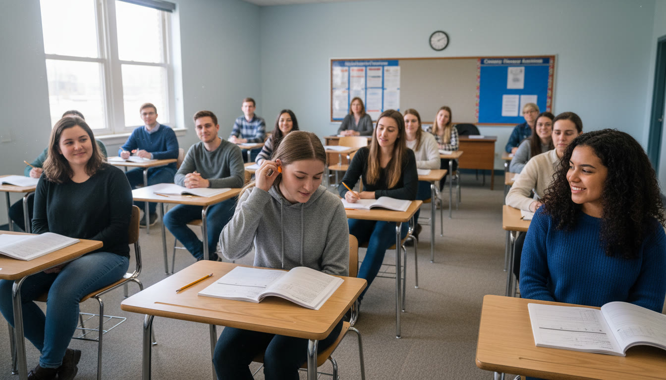Photo Idea : A calm testing room scene from above showing students seated at desks, one student discreetly putting in earplugs while another looks on — natural, candid lighting emphasizing normal exam setting. Place near the top of the article to visually set the subject.