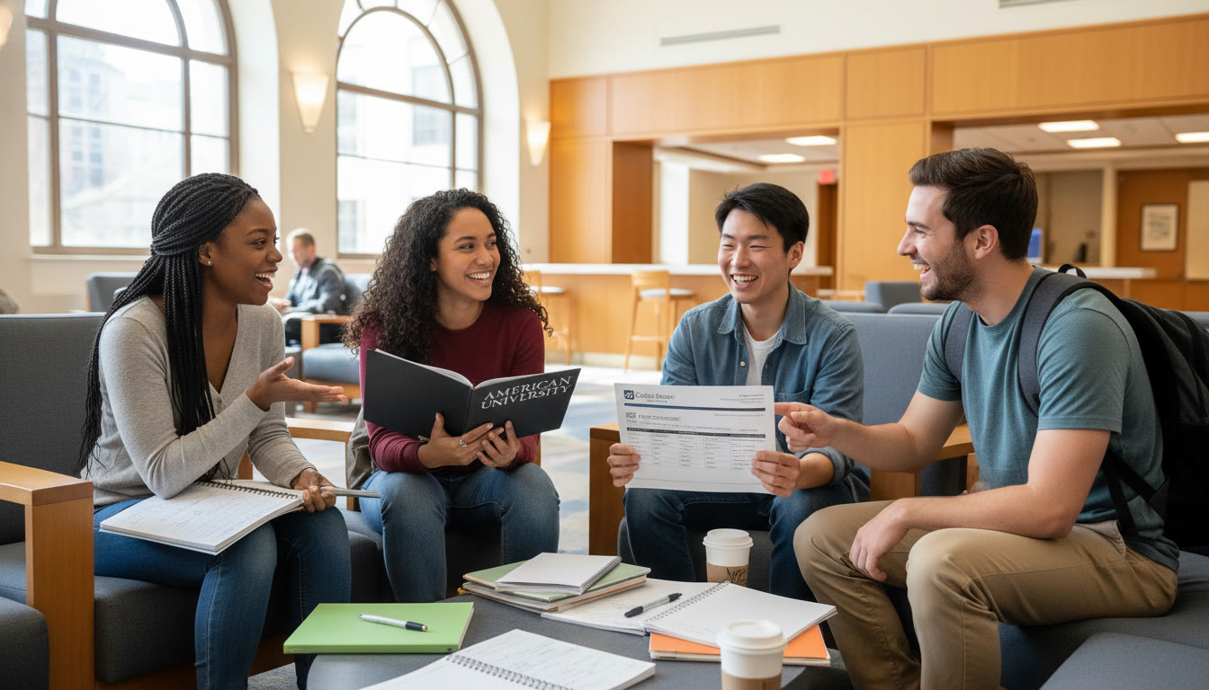 Photo Idea : A diverse group of students talking in a bright university lobby, one holding an American University planner, others showing AP score reports and notebooks.