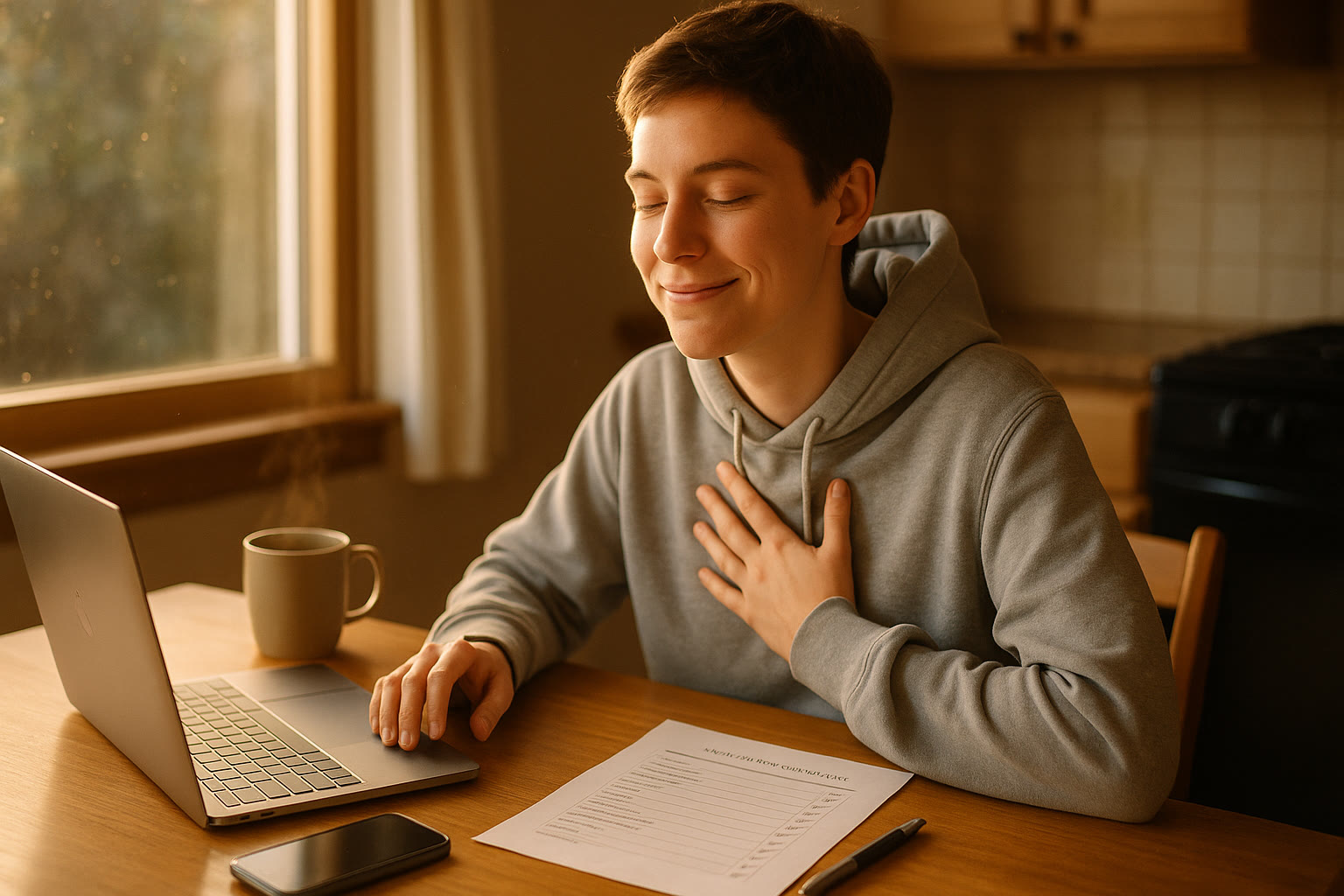 Photo Idea : A student at a kitchen table with a laptop, phone, and application checklist, looking relieved after fixing a problem. Natural lighting, warm tone.