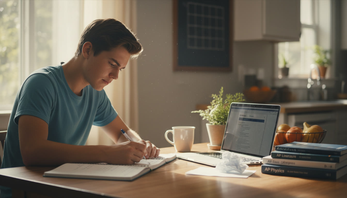 Photo Idea : A warm, candid photo of a high school student at a kitchen table, surrounded by notebooks and a laptop, looking thoughtful and making a checklist. The lighting is natural and comforting, showing focused but relaxed energy — perfect for a “decision time” vibe near the top of the article.