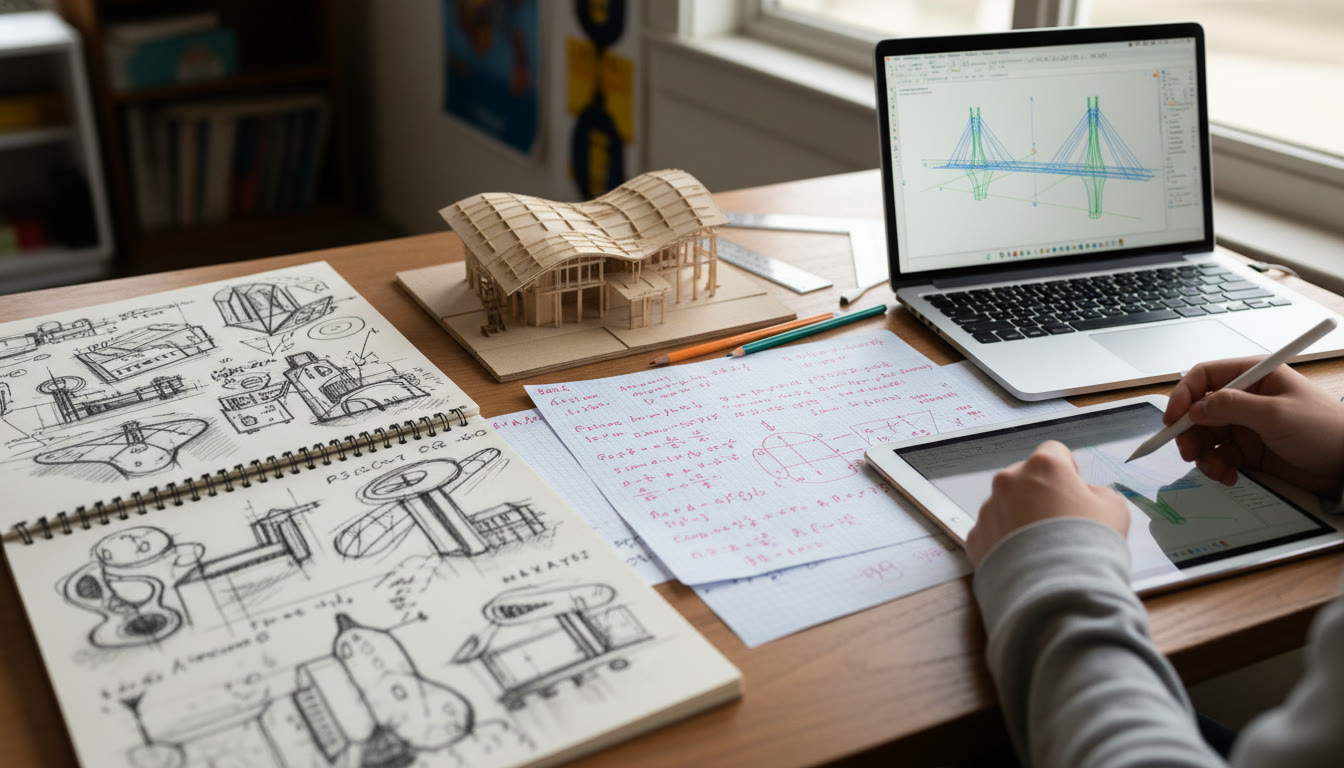 Photo Idea : Close-up of a portfolio spread on a table — sketches, small model, annotated calculations, and a laptop with a CAD or parametric model visible. This image reinforces the synthesis of art, math, and physics in portfolio work.