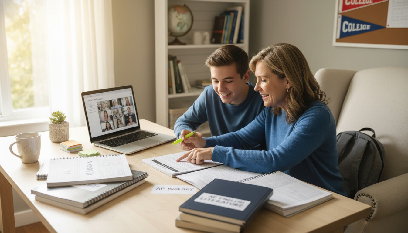 Photo Idea : A bright study corner with scattered notebooks labeled by AP subject (Calculus, Biology, English), a laptop open to an online classroom, and a parent and teen discussing a syllabus.