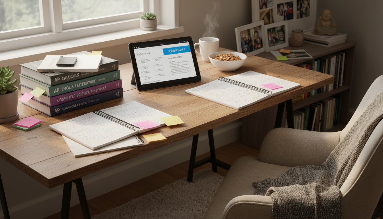 Photo Idea : A cozy study corner with AP textbooks, annotated notes, and a tablet showing practice questions—captures the workspace of a student balancing APs and CSAT prep.