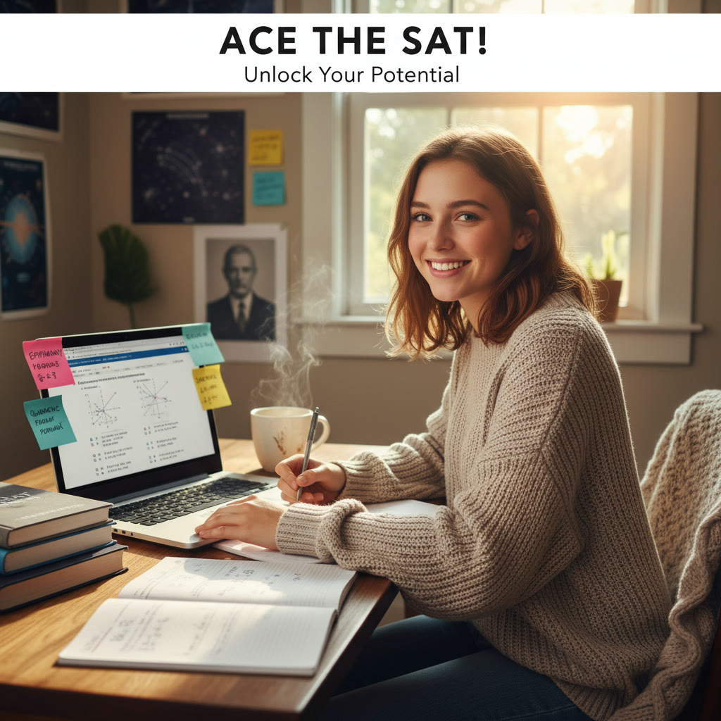 Photo Idea : A bright, candid photo of a high-school student studying at a desk with a laptop open to practice SAT questions, sticky notes, and a cup of tea—warm, approachable, showing focus and a relaxed study environment.