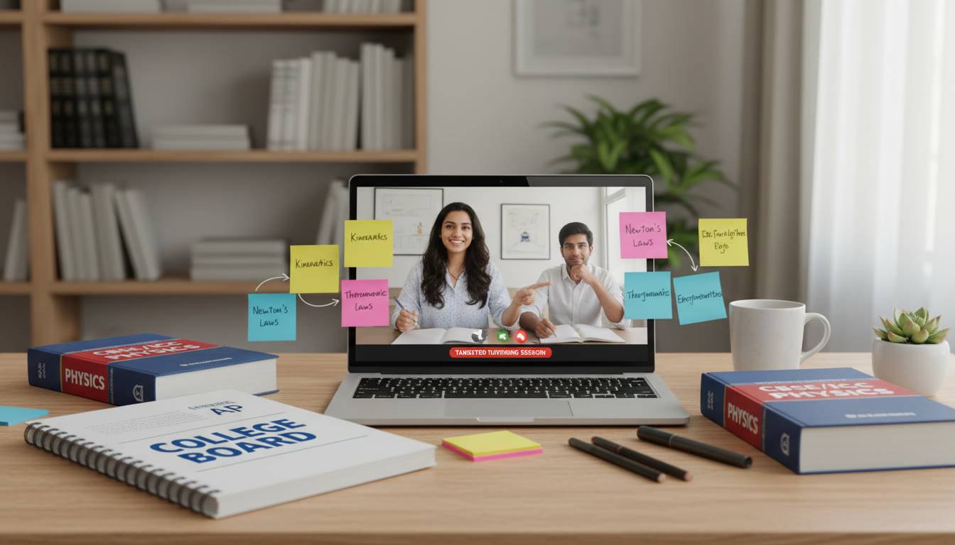 Photo Idea : A study desk with an AP notebook, a CBSE/ICSE textbook, sticky notes mapping topics between them, and a laptop showing a tutor video call — illustrates planning and targeted tutoring.