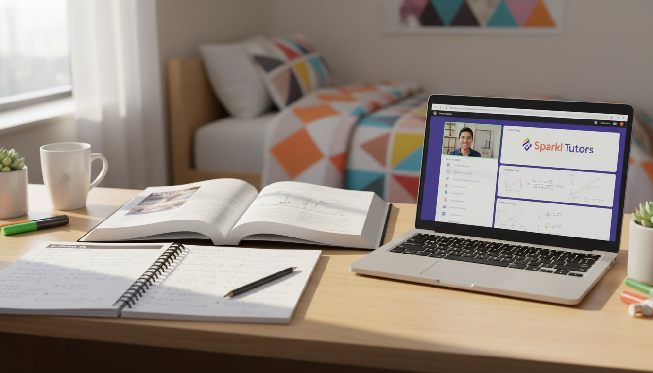 Photo Idea : A bright study desk with a physics textbook open to a free-body diagram, a calculus notebook with derivatives and integrals, and a laptop showing Sparkl’s tutoring dashboard—conveys the blend of calculus and physics study.