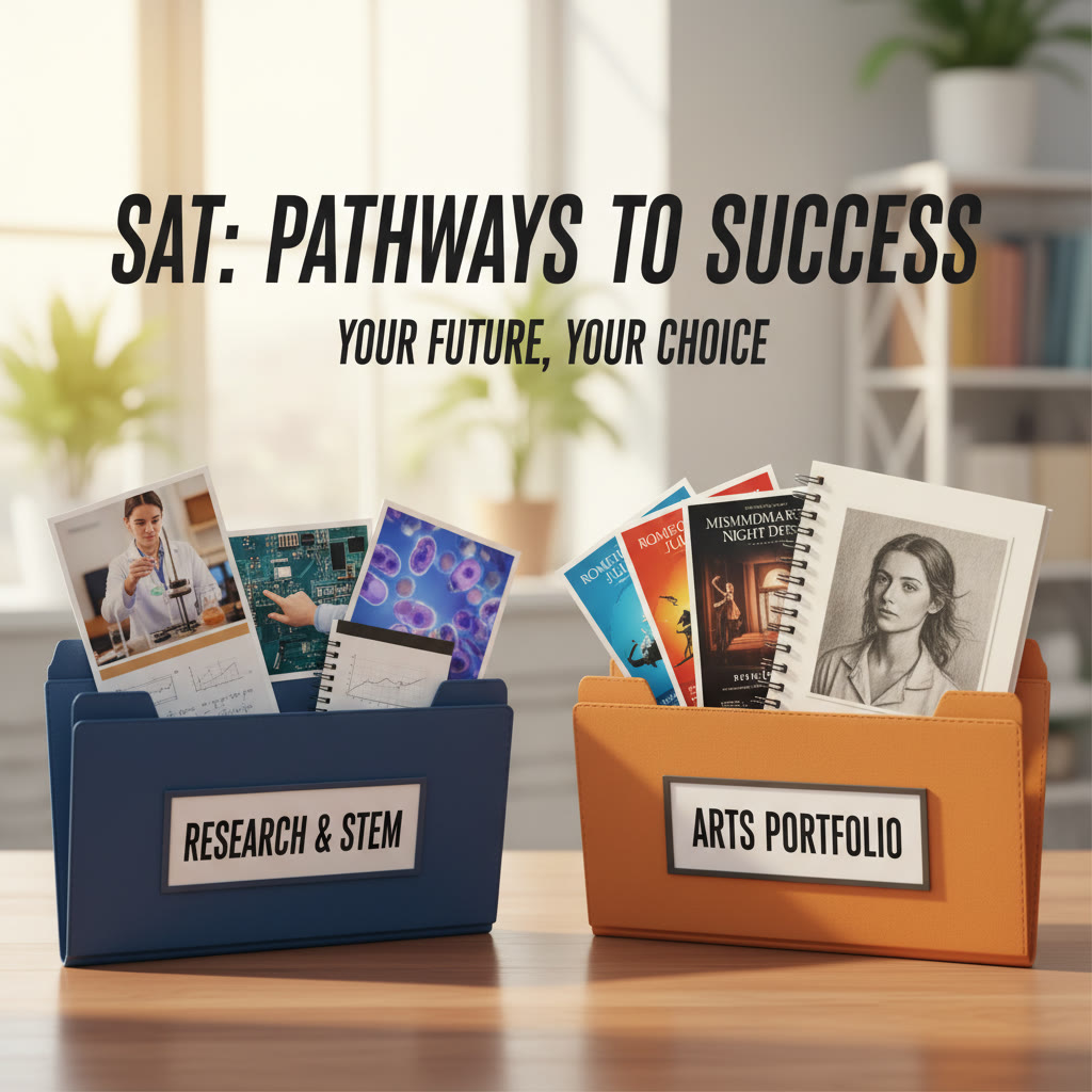 Photo Idea : A side-by-side visual — two folders representing different applicants: one labeled 'Research & STEM' with lab photos, the other labeled 'Arts Portfolio' with sketches and playbills.