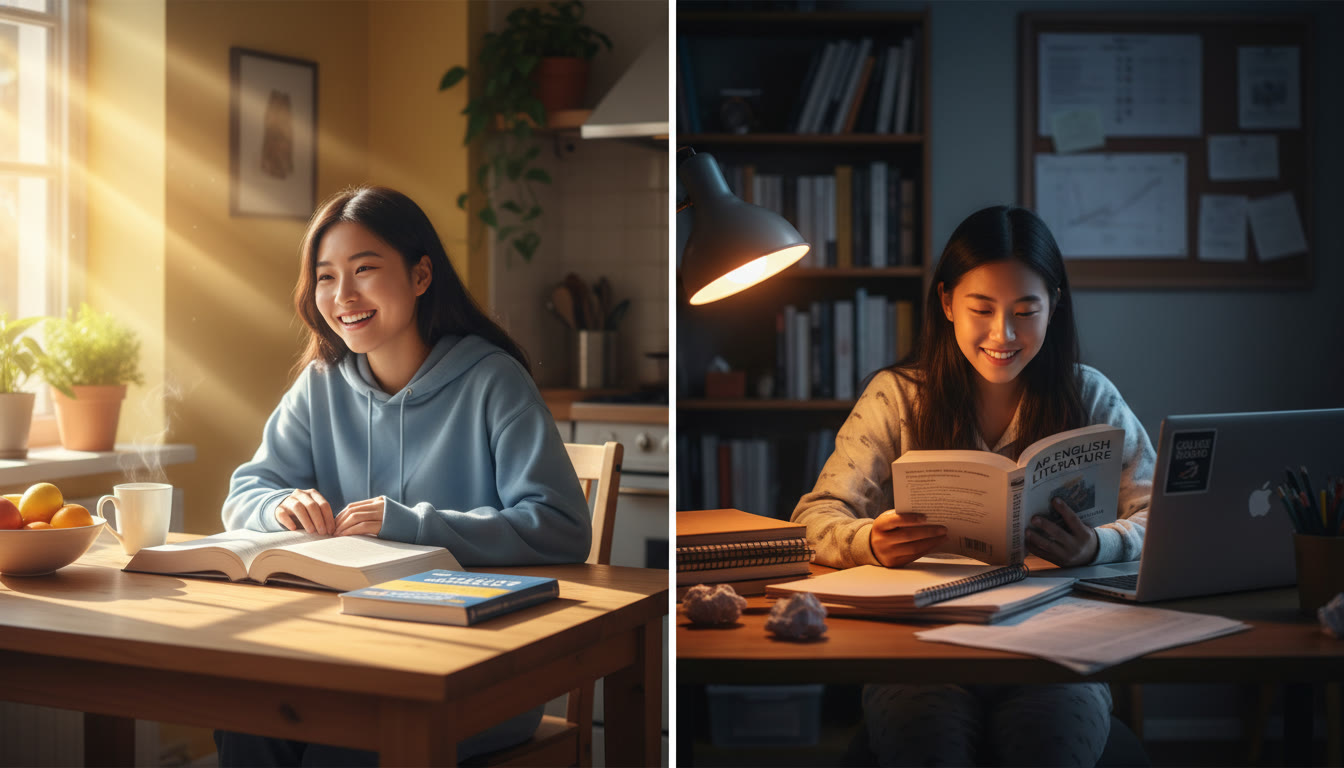 Photo Idea : A split-frame image showing a student studying at a bright breakfast table with sunlight (left) and the same student studying at a cozy desk with a lamp at night (right). The contrast should feel warm and lived-in.