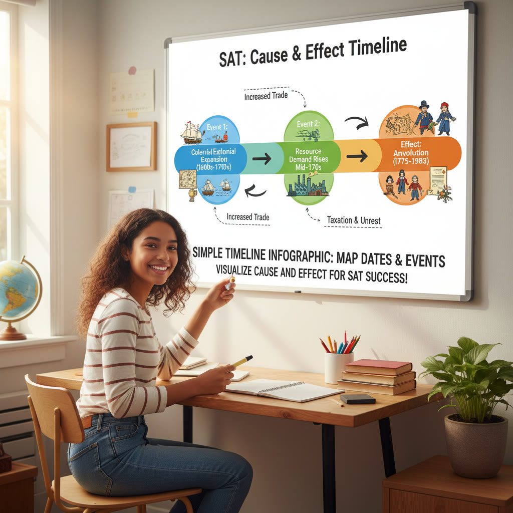 Simple timeline infographic illustrating how to map dates and events from a passage to visualize cause and effect