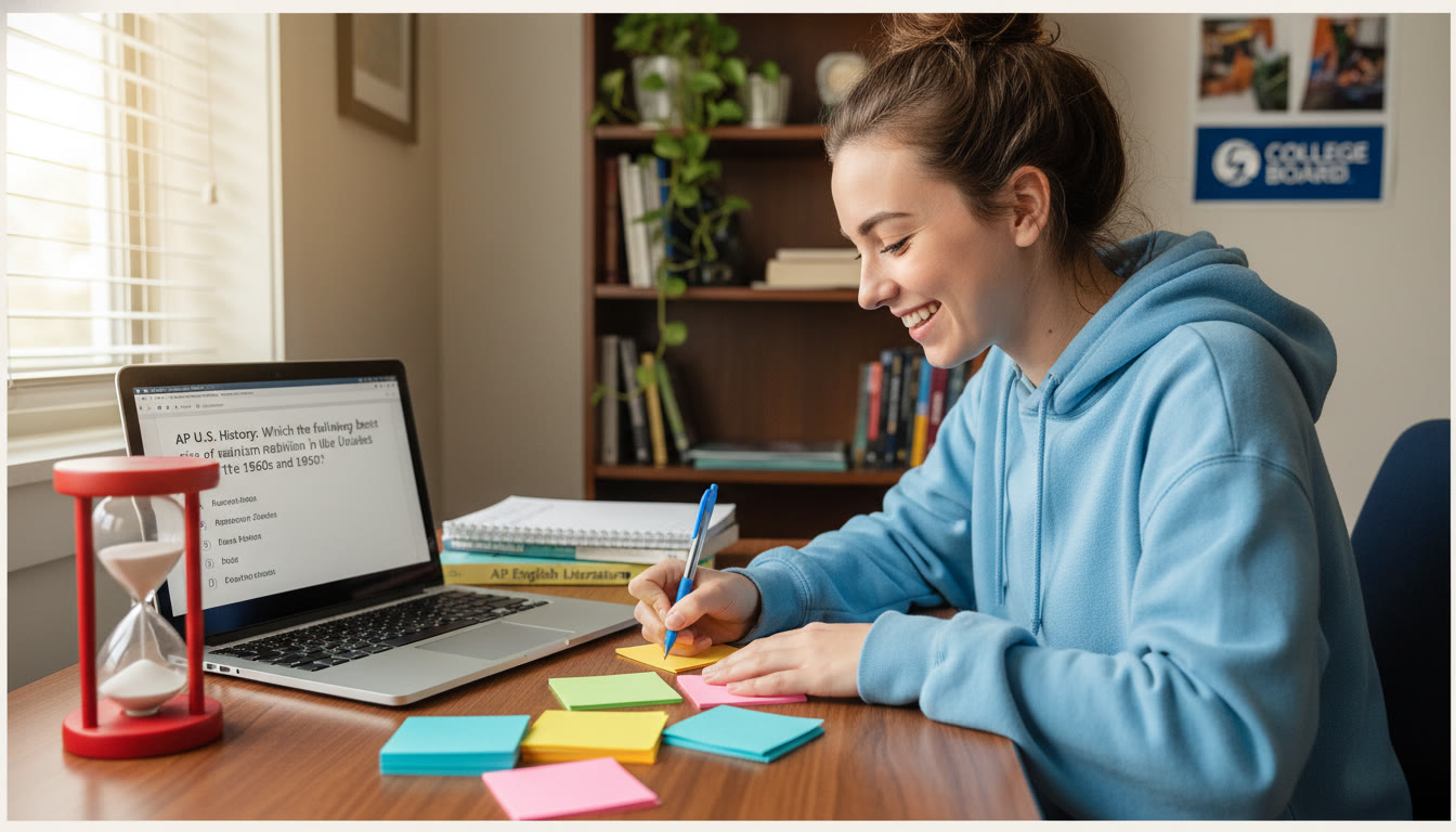 Photo Idea : A student writing on colorful index cards with a timer and a laptop open to an AP practice question — suggests active studying, focus, and intentional technique. Place near the section on study techniques to visually reinforce strategies.