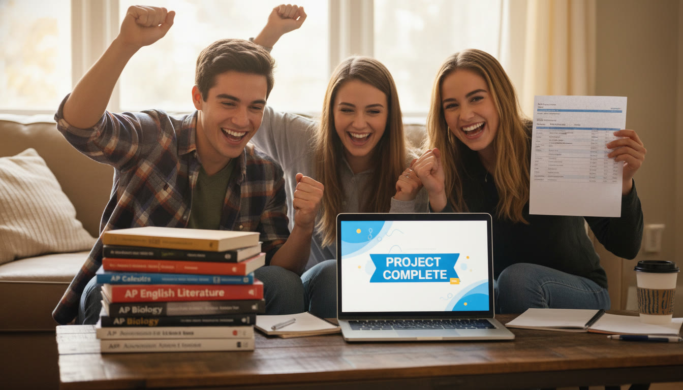 Photo Idea : A victory moment: a small group of students celebrating around a laptop showing a completed project, AP textbooks stacked nearby, and a printout of a Digital SAT practice score visualizing balance and teamwork.