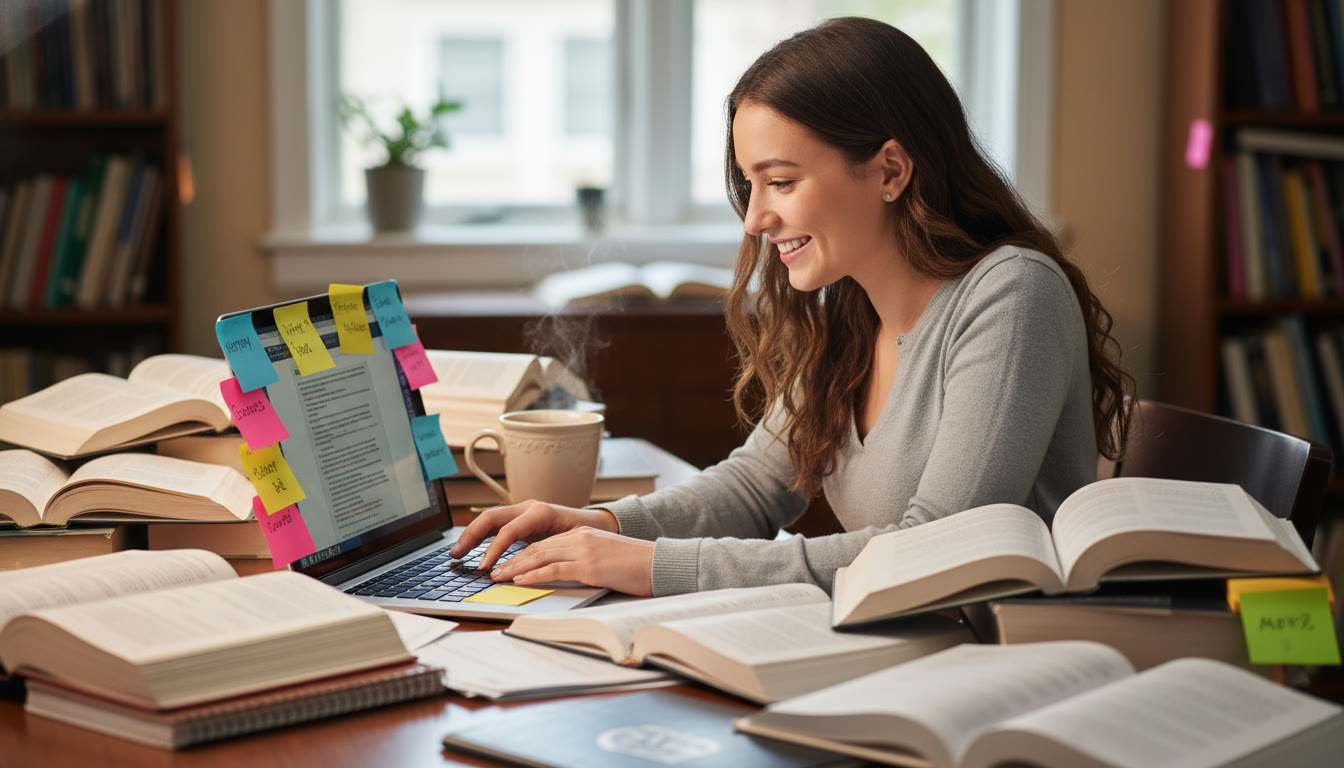 Photo Idea : A student at a desk surrounded by open books, a laptop, sticky notes, and a cup of coffee — showing concentrated research work and notes organized by color.