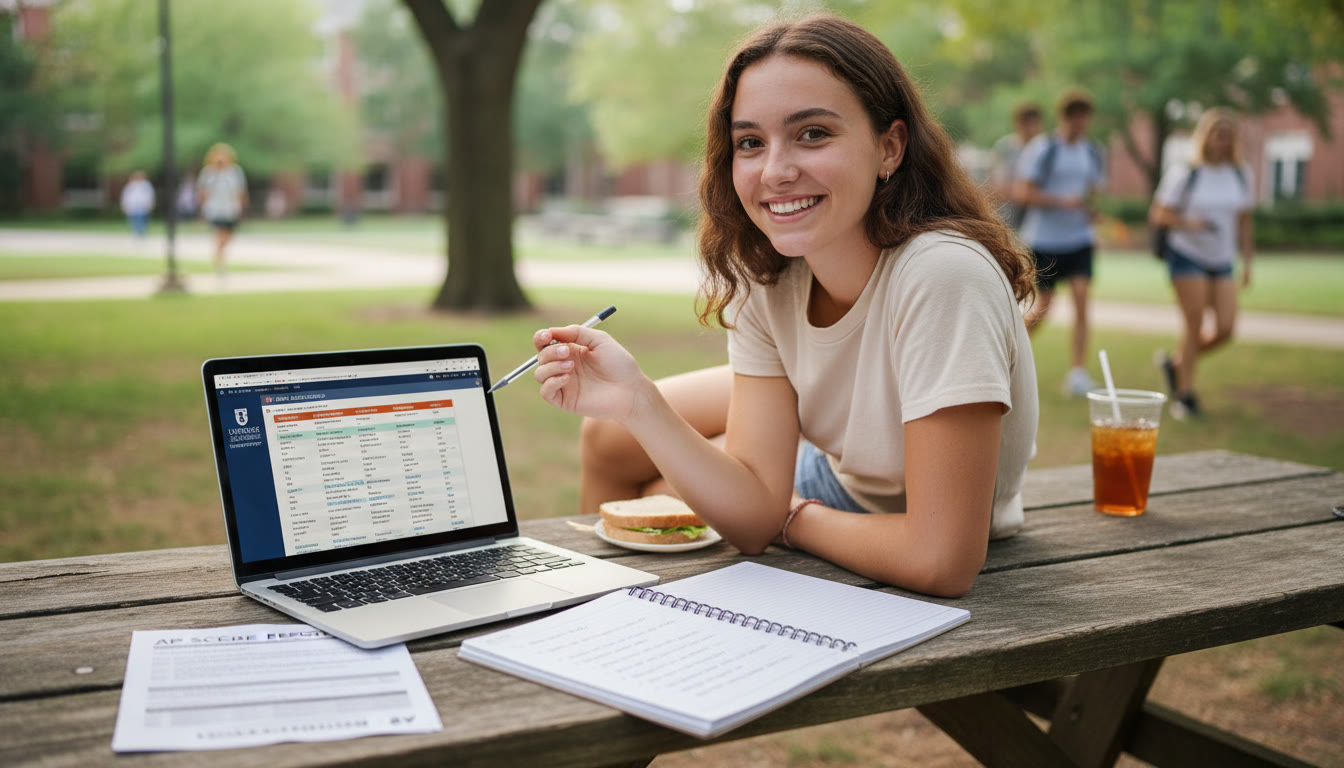 Photo Idea : A bright, candid photo of a student lounging at a picnic table with a laptop opened to a college course catalog and an AP score report next to a notebook filled with a summer to-do list. The mood is focused but relaxed, early afternoon sunlight.