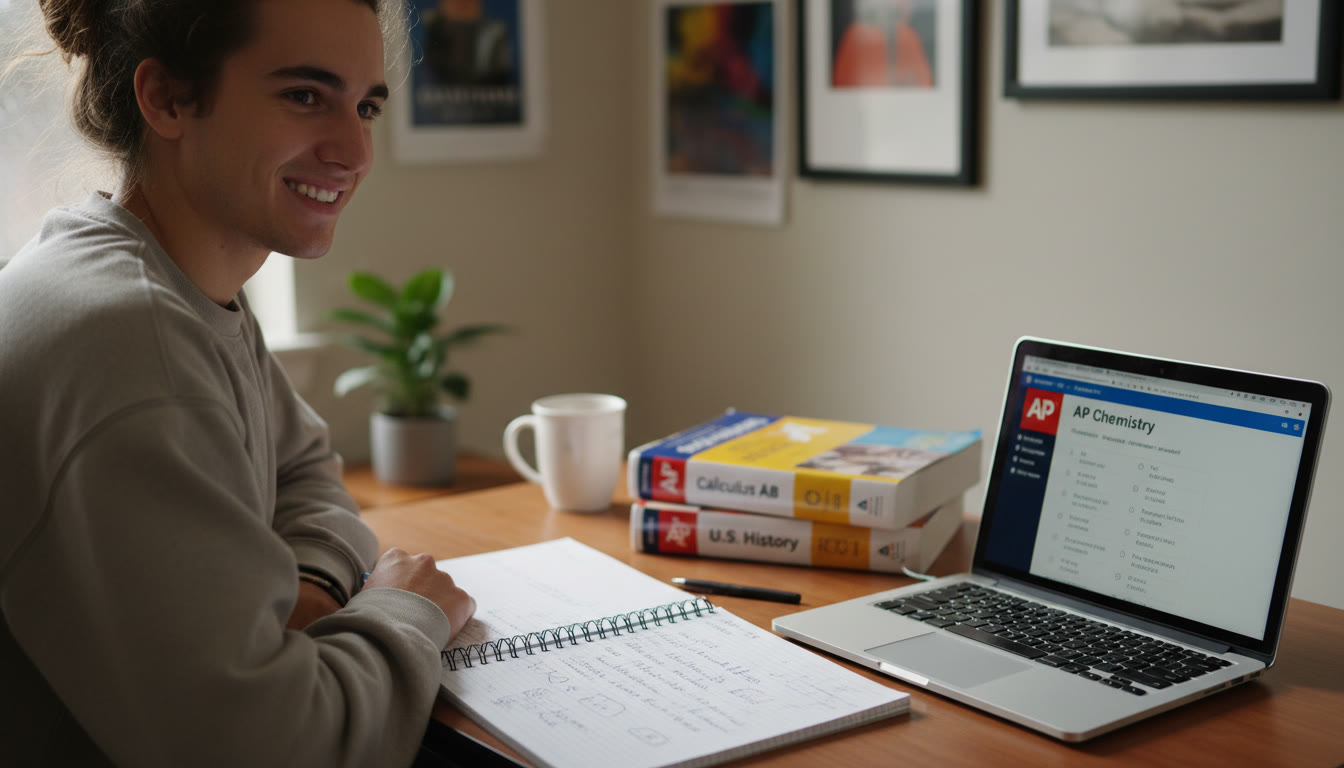 Photo Idea : A focused student at a study desk with an open notebook, AP review books, and a laptop showing practice questions—soft natural light, calm expression.