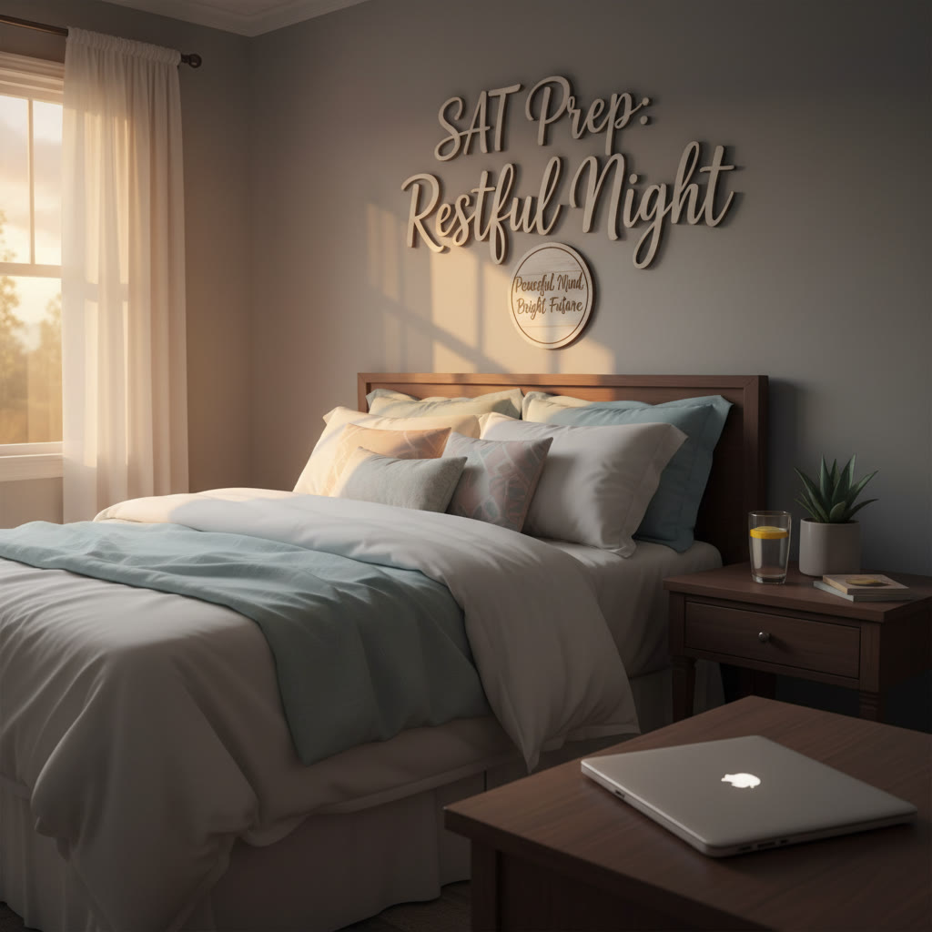Peaceful bedroom scene with dim lighting, a closed laptop, and a bedside water glass—visualizing a restful night.