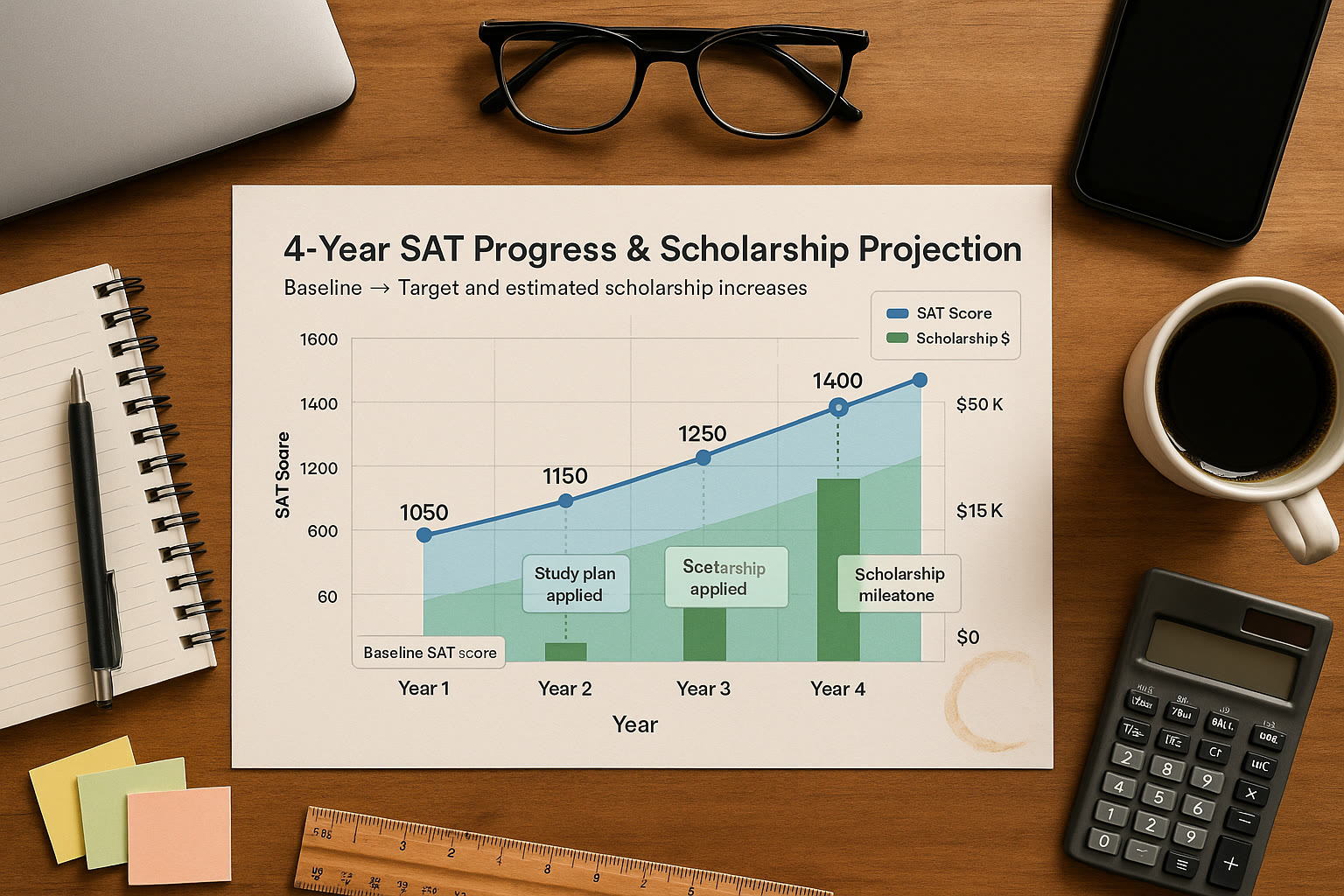 Photo Idea : An infographic-style photo (desk overhead) showing a progress chart: baseline SAT score, targeted score, and projected scholarship dollars increasing across 4 years.
