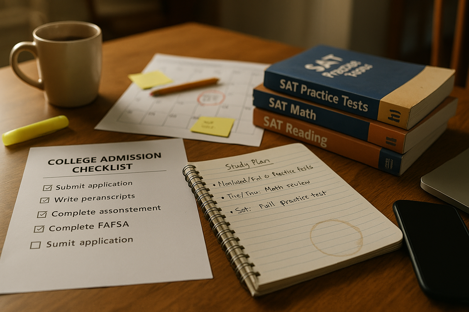 Photo Idea : A close-up of a college admission checklist on a kitchen table: test dates circled on a calendar, an open notebook with a study plan, and a small stack of practice SAT books. Natural light, casual home scene.