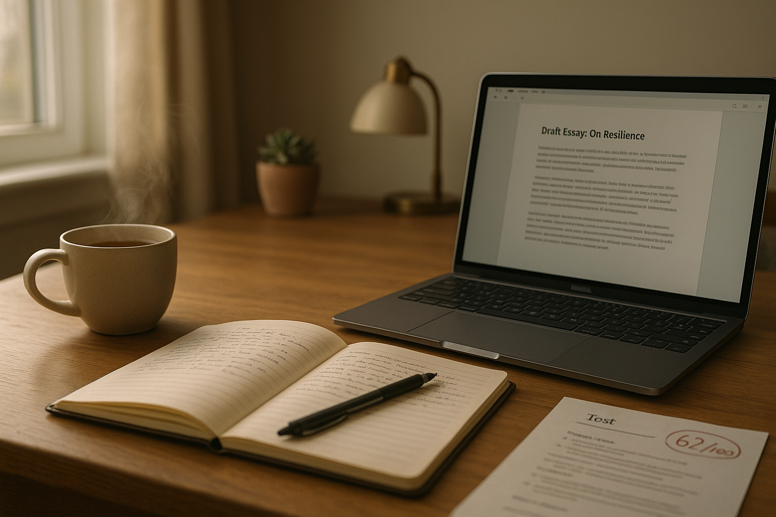 Photo Idea : A calm study corner with a notebook, a laptop showing a draft essay, and a cup of tea — representing thoughtful, steady work after a disappointing test result.