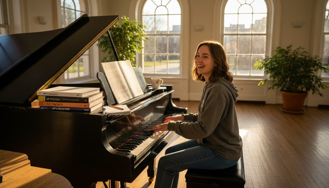Photo Idea : A student seated at a piano with open AP textbooks nearby, late-afternoon sunlight through a conservatory window, showing dedication to both study and practice.