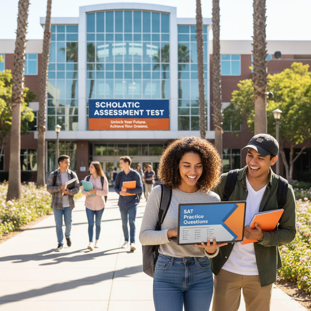 Photo Idea : A dynamic campus shot of students walking in front of a modern university building, with one student looking at a laptop showing SAT practice questions.