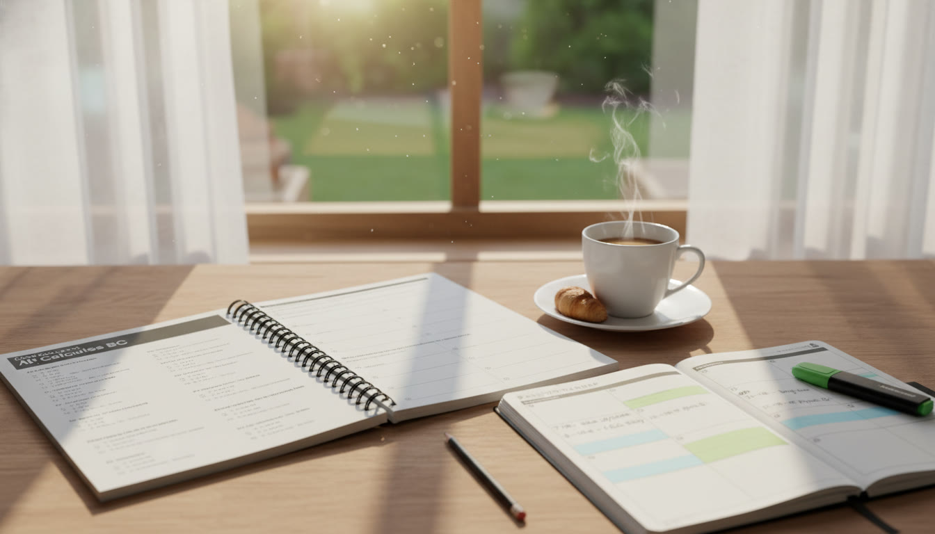 Photo Idea : A calm morning scene: an AP practice test on a table near a cup of coffee, a sunlight-filled window, and a planner open to a realistic sleep-and-study schedule—evokes balance and routine.