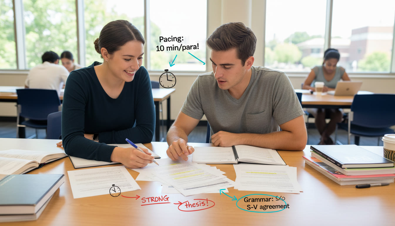 Photo Idea : A supportive scene of a tutor working one-on-one with a student over annotated practice essays and SAT-style passages, showing notes on pacing, thesis development, and grammar   emphasizes personalized guidance and strategy.