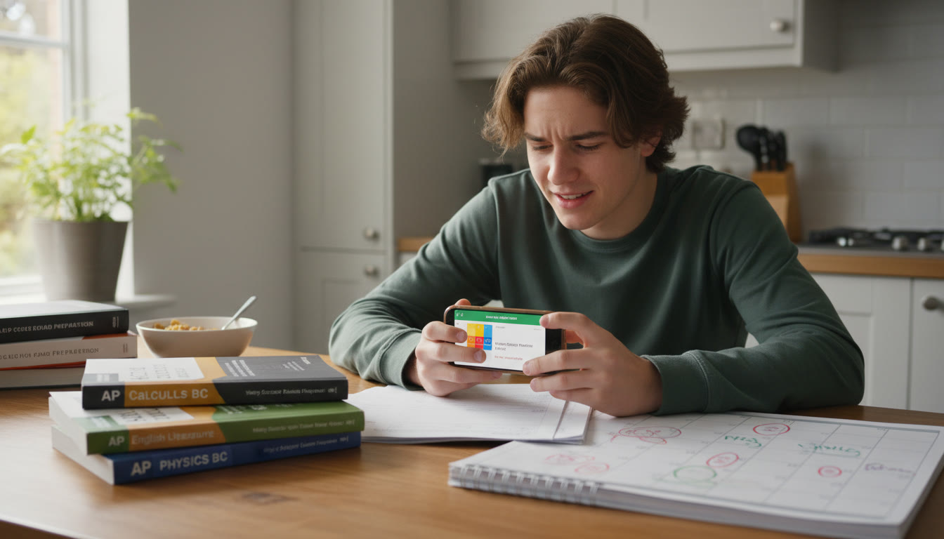 Photo Idea : A bright, natural photo of a high school student at a kitchen table, calendar and AP prep books spread out, looking thoughtfully at a phone. Captures the moment of decision and planning after a schedule conflict.