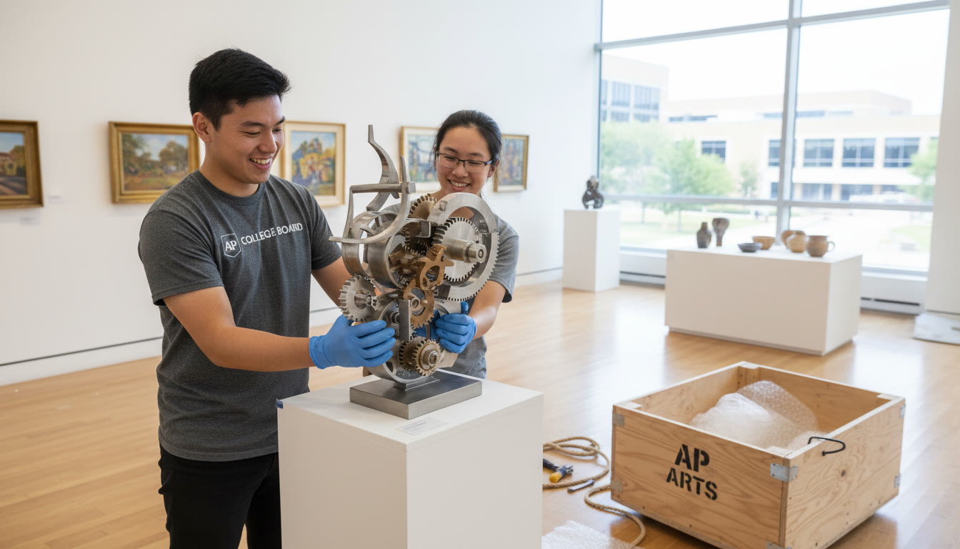 Photo Idea : A bright gallery shot showing a student and a technician installing a medium-sized sculpture on a plinth, with gloves, small tools, and a labeled crate nearby—captures collaboration and attention to detail.
