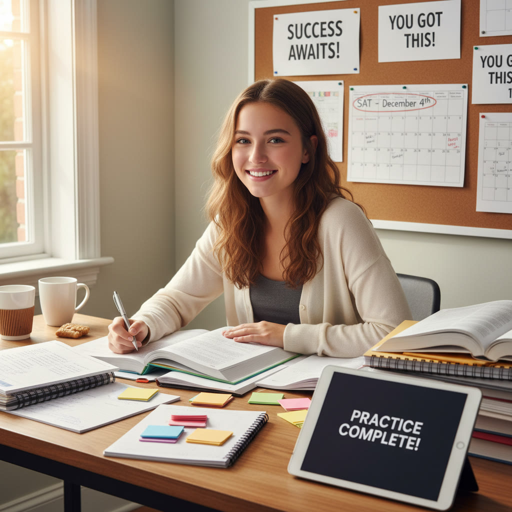 A photo of a student at a desk, surrounded by practice tests and notes, looking confident and focused — a visual cue of progress and preparedness.