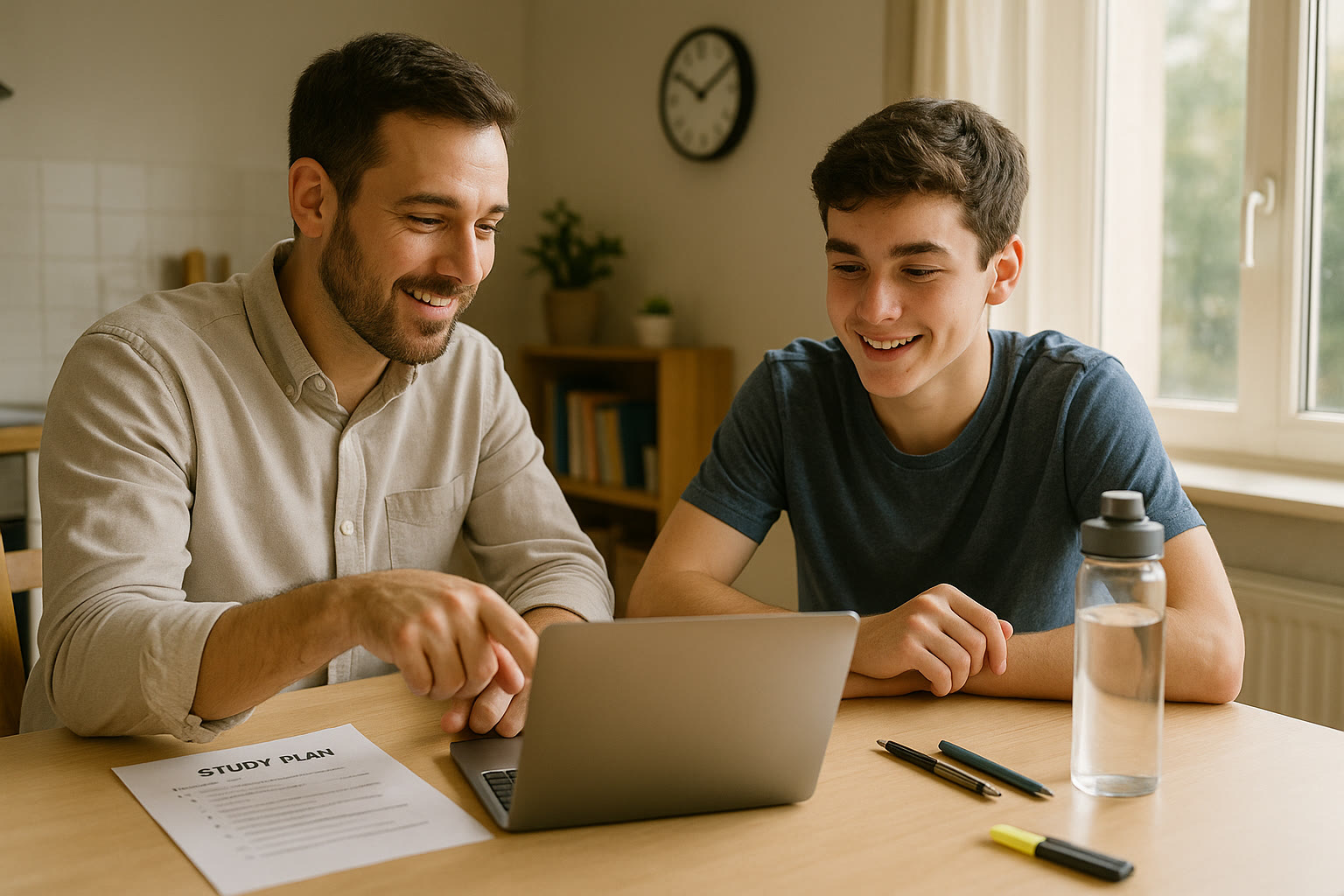 Photo Idea : A bright, hopeful scene of a tutor working with a teen on a laptop, with a study plan on paper beside them and a water bottle, showing balance between tech and real-life routines.