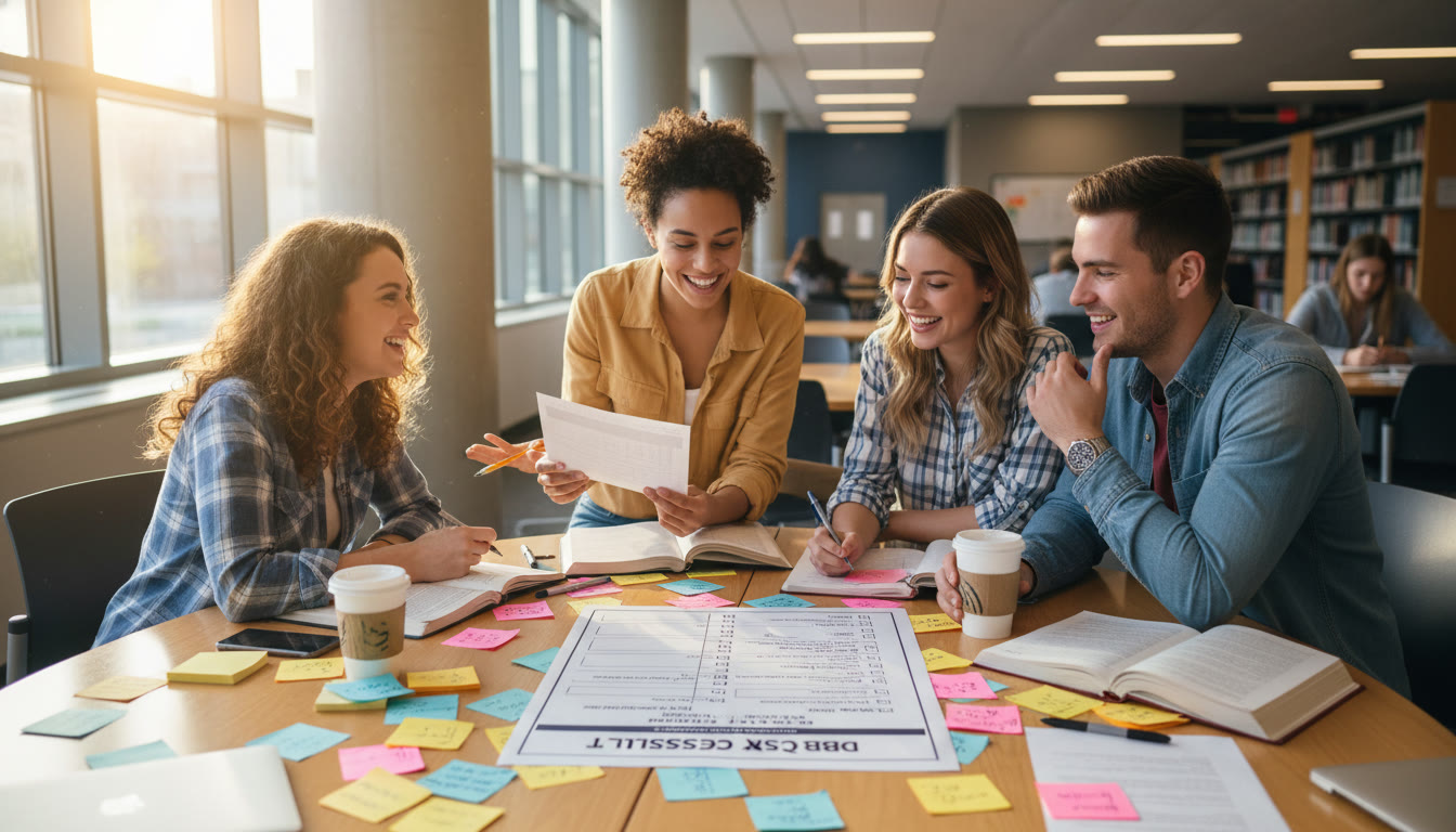 Photo Idea : A small study group reviewing documents on a table covered with sticky notes and a DBQ checklist — emphasizes collaboration and active practice.