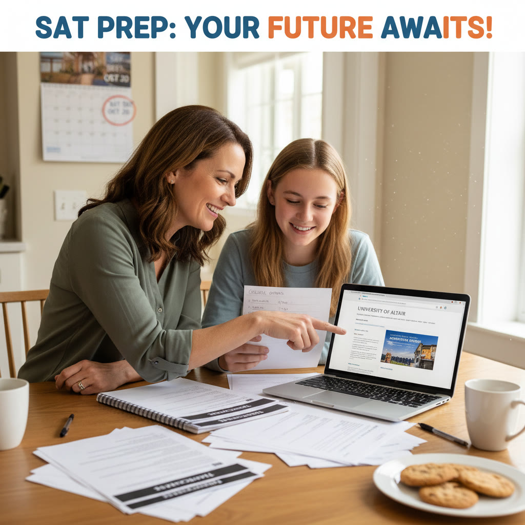Photo Idea : A parent and teen reviewing a college list together at a kitchen table, with printouts of transcripts and an open laptop showing a college profile—warm, collaborative decision-making moment.