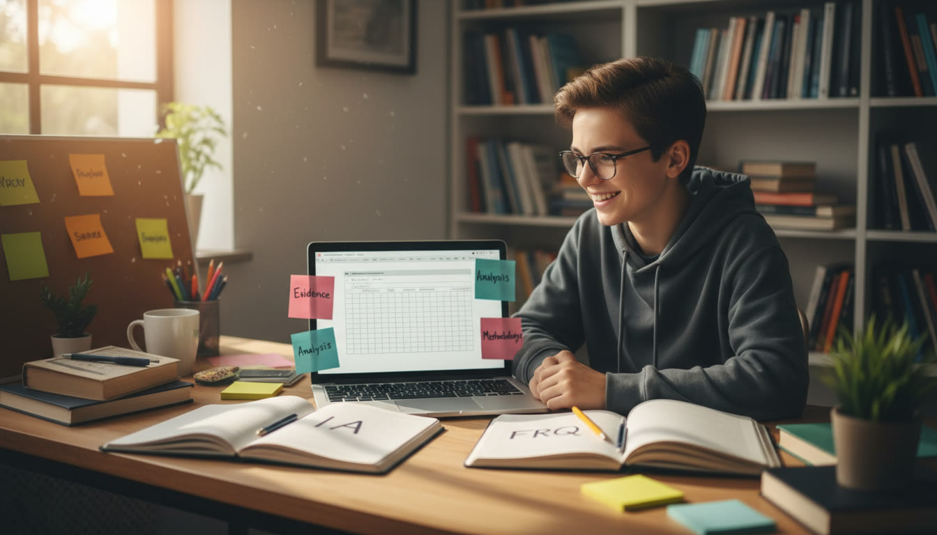Photo Idea : A bright study scene with a high school student at a desk surrounded by notebooks labeled