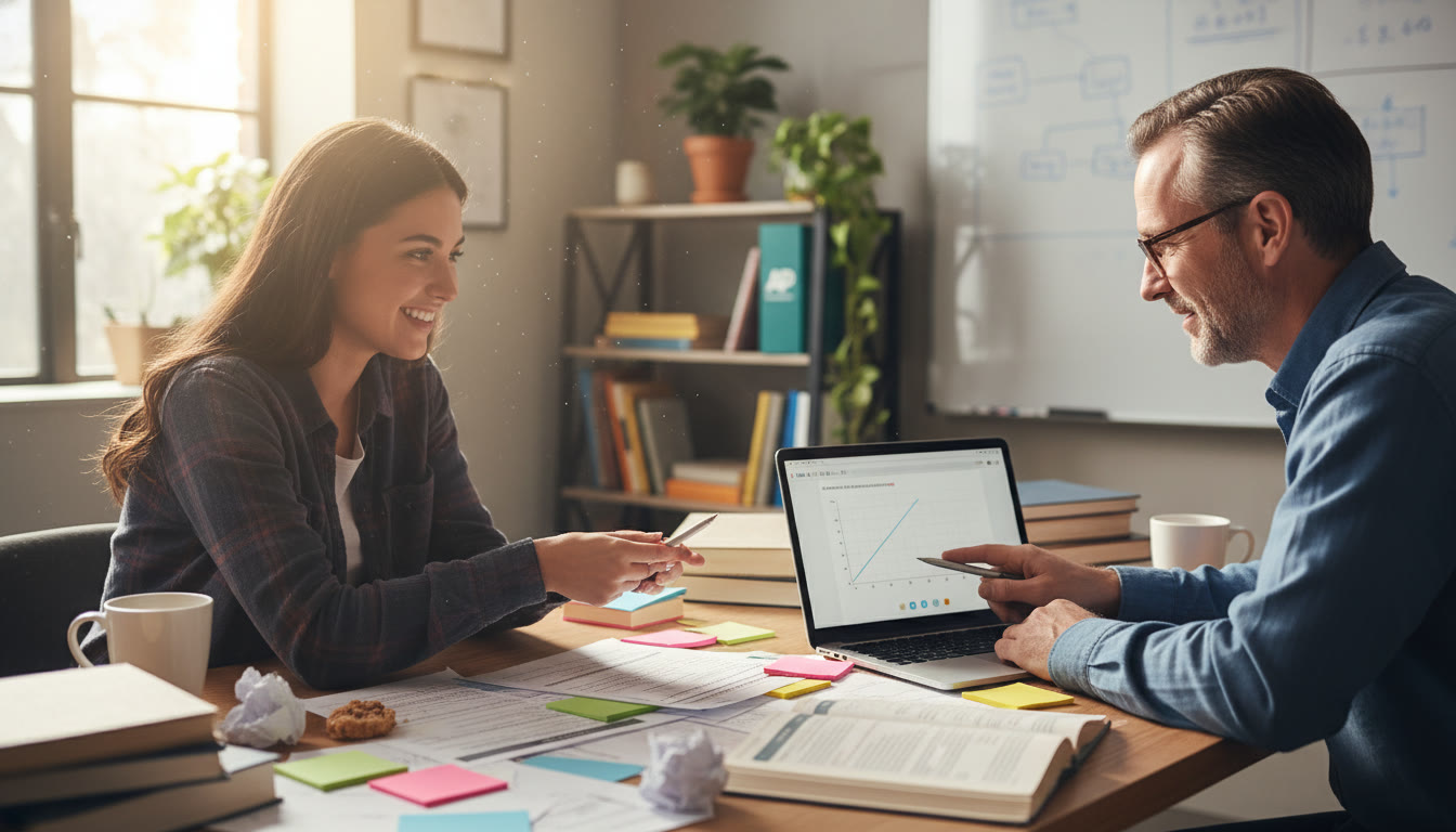 Photo Idea : A student and tutor reviewing practice exams together with sticky notes and a laptop—captures collaborative, personalized tutoring sessions and exam preparation.