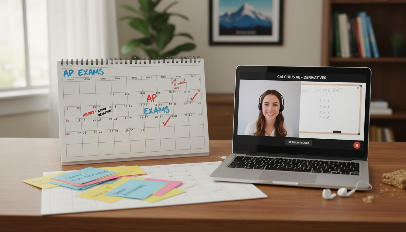 Photo Idea : A study scene showing a calendar, flashcards, and a laptop screen with an online tutoring session paused — suggests structured planning and one-on-one support for exam prep.