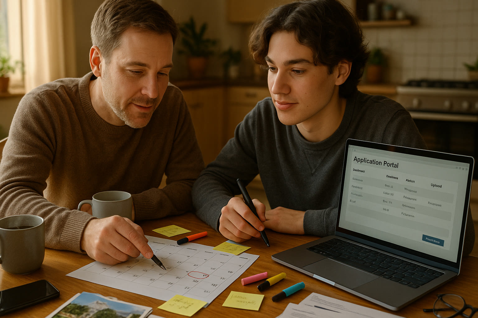 Photo Idea : A cozy kitchen table with a parent and teen working together over a printed calendar, post-it notes, and a laptop showing a college application portal.