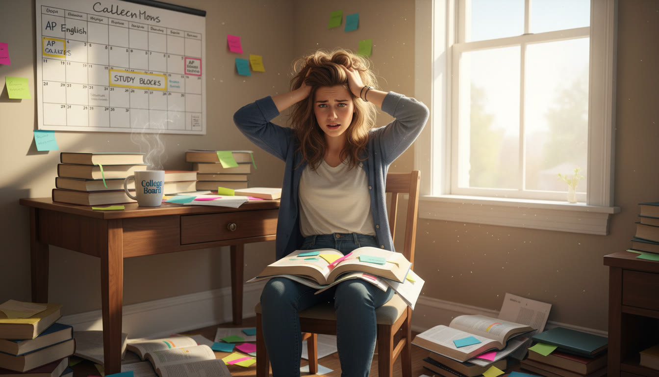 Photo Idea : A student sitting at a desk surrounded by color-coded notes and highlighters, looking overwhelmed; natural window light, a coffee mug, a calendar with study blocks visible.