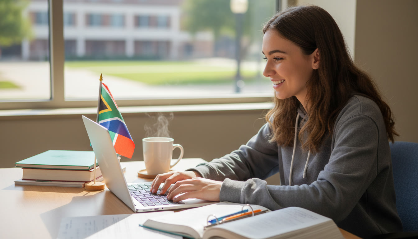 Photo Idea : A bright, candid image of a high school student working on a laptop with study notes and a coffee nearby, with a small South African flag tucked beside the screen — conveys international ambition and focused preparation.